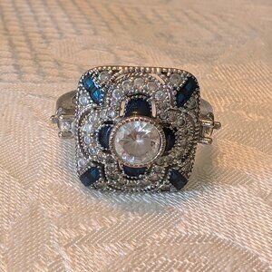 Sterling art deco white and blue CZ ring